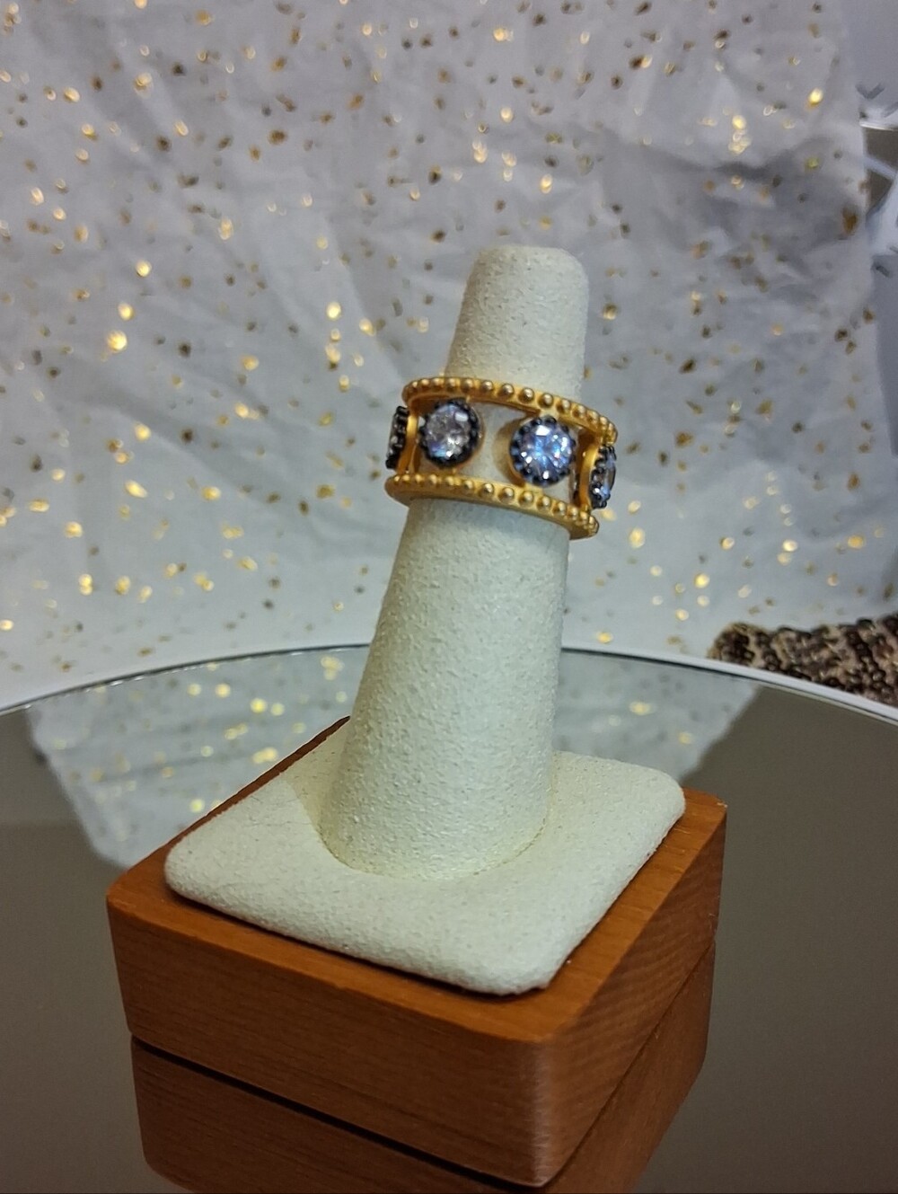 Wide Cigar Band Sterling Silver, 14kt Matte Gold, Black Rhodium And Large CZ's